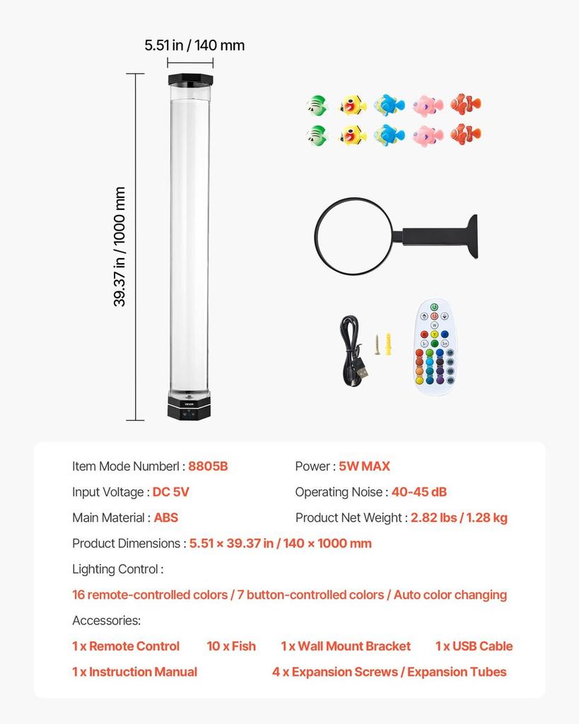 Bubble Tube Lamp 16 Color 1 m Sensory Aquarium Lamp for Relief Calming