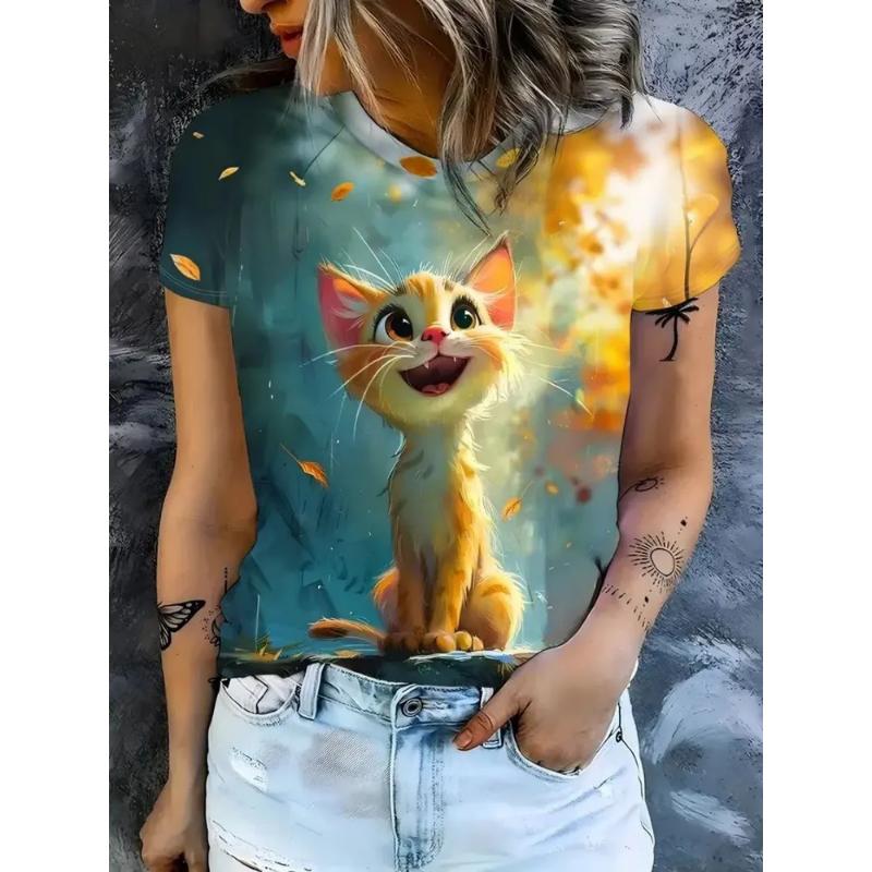 Moda Kadın Bisiklet Yaka Kısa Kollu 3D Günlük Renkli Baskılı Günlük Kısa Kollu Bisiklet Yaka Tişört