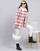 MONTE CARLO Dámský kostkovaný kabát s růžovým límcem a dlouhým rukávem