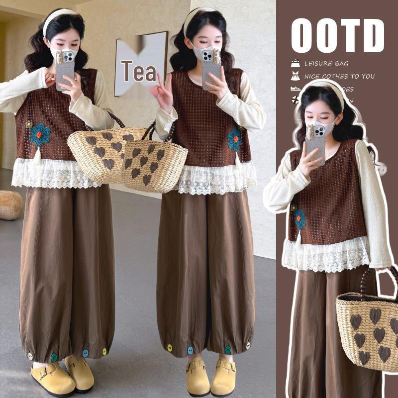Spring Korean Maternity Set: Lace Trim Vest & Loose Wide-Leg Pants M