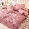 4pcs/set Korean Feather Embroidered Bed Skirt Bedding Set Female Princess Style Solid Color Double Sheet Quilt Cover Pillowcases Set