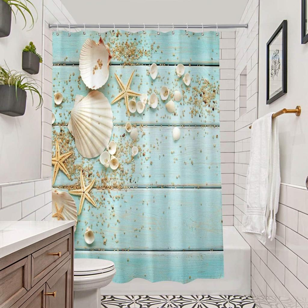 Beach Shower Curtain Turquoise Ocean Theme with Seashell & Starfish, Decorative Fabric Bathroom Curtain with Hooks