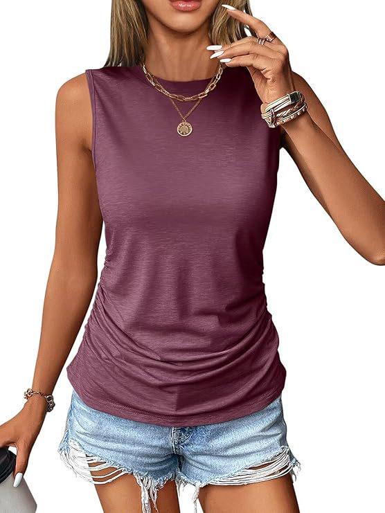 2026 Women's Sleeveless Pleated Round Neck Solid Color Casual Summer Pullover Vest
