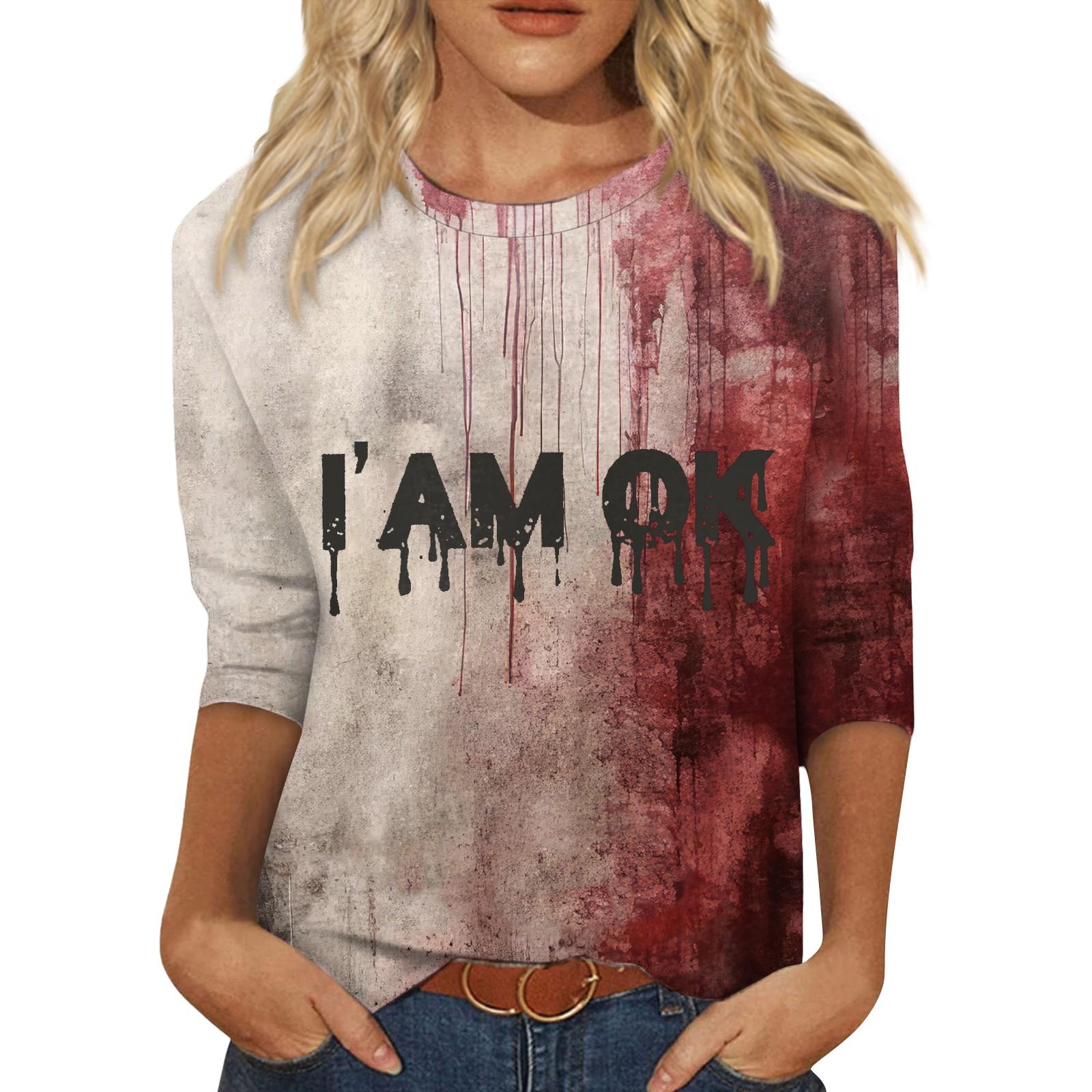 

2024 Футболка с принтом Женская мода Повседневный рукав с семью точками Хэллоуин с принтом Круглый вырез Топ Ropa Para Mujer Ropa Aesthetic S