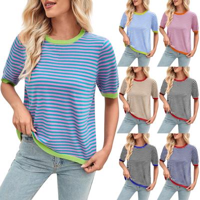 Damska Moda Wiosna i Lato Codzienny Pasiasty Dopasowany Kolor Okrągły Dekolt Dzianinowy Krótki Rękaw Sweter Top