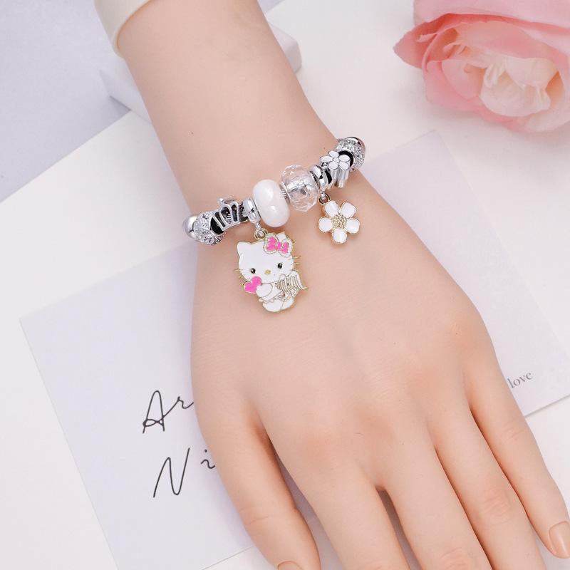Delicate Five-Petal Flower Pendant Stainless Steel Beaded Bangle Bracelet For Women