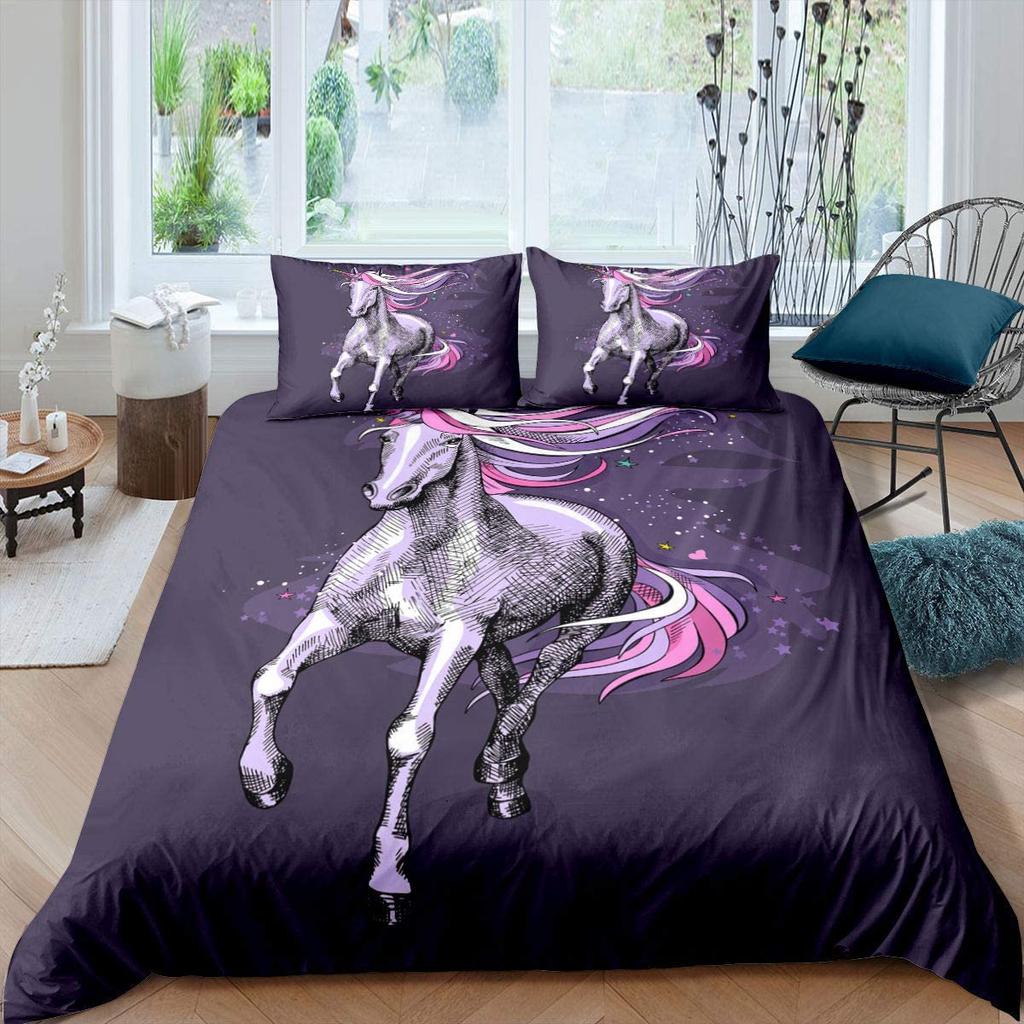 Pink Unicorn Flowers Duvet Cover Set King Queen Double Size Polyester Comforter Cover With Pillowcase For Kids Girls Bedding Set