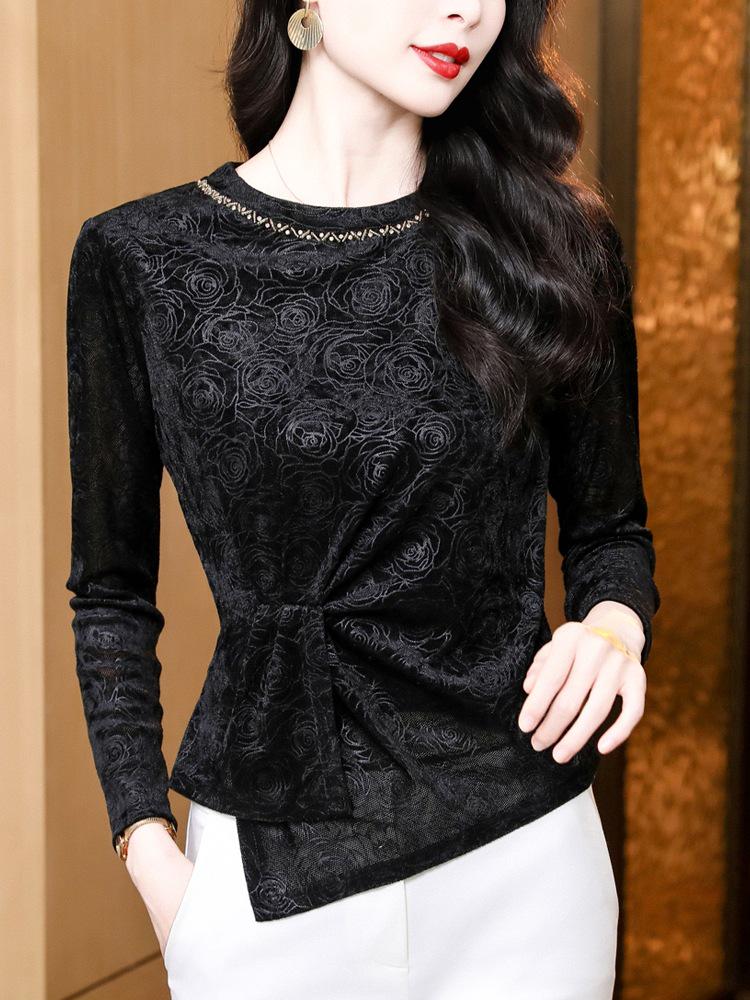 Round Neck Beaded Rose Velvet Long Sleeve Women's Shirt In Black Coffee Nylon