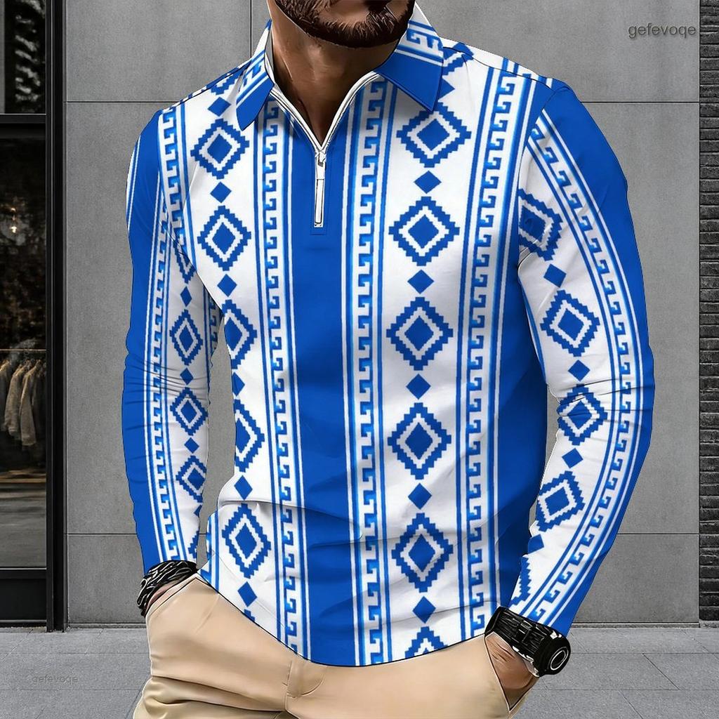 Men Plus Size Long Sleeve Collared Quarter Zip Polo Shirt Blue Geometric Printed
