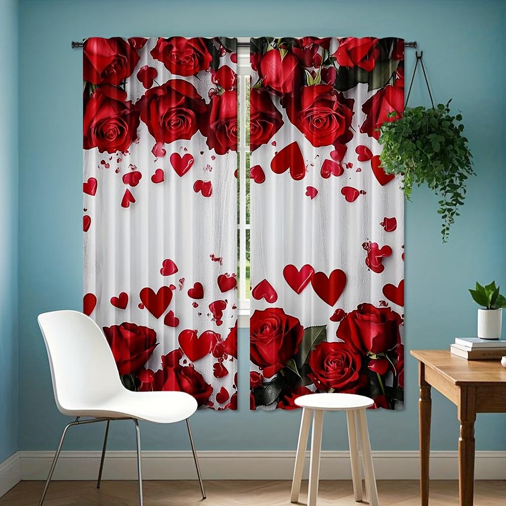 2Pcs Elegant Red Rose & Heart Backdrop Curtains - Romantic Valentine'S Day Decor For Bedroom & Living Room, Semi-Transparent Pol