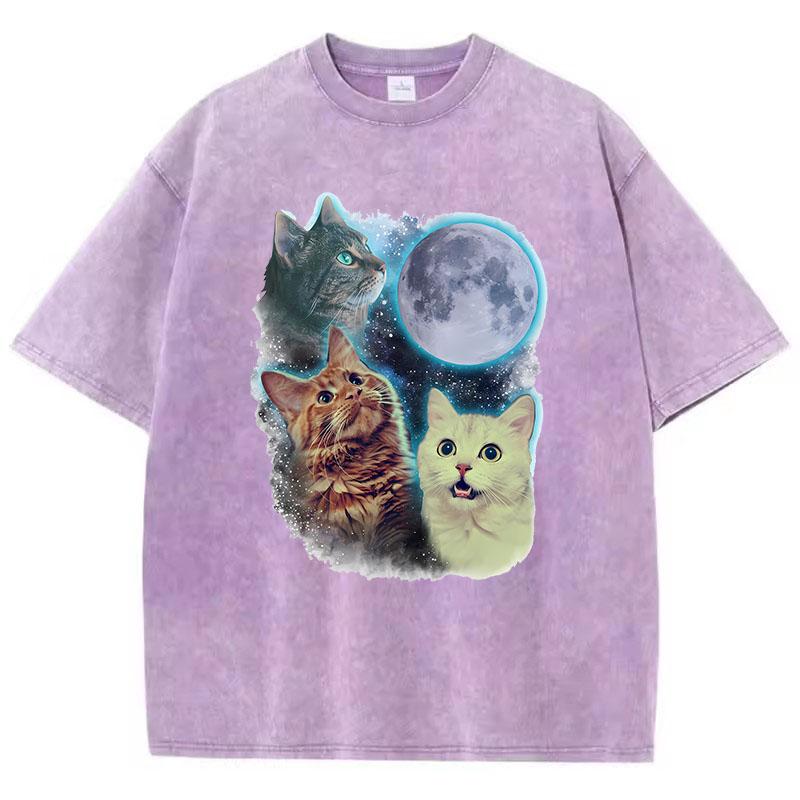 Funny T Shirt Vintage Washed Cotton T-Shirt Cat Moon Star Graphic Tee Casual Streetwear Spring Summer Top