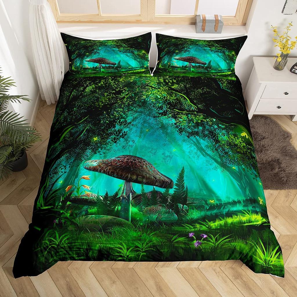 Mushroom Duvet Cover Set Cartoon Castle Bedding Set Microfiber Fungus Botanical Floral Comforter Cover Twin King For Boys Girls
