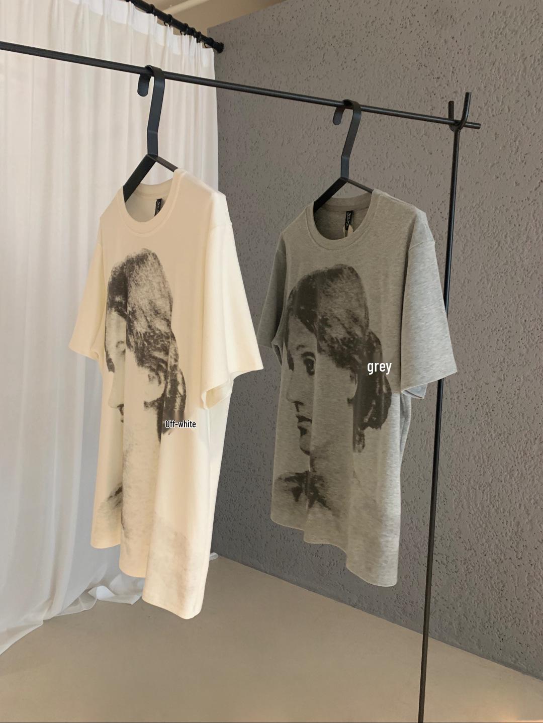 Guangzhou Women s Petite Distressed Portrait Print Short Sleeve T-Shirt - New Autumn Collection One Size серый