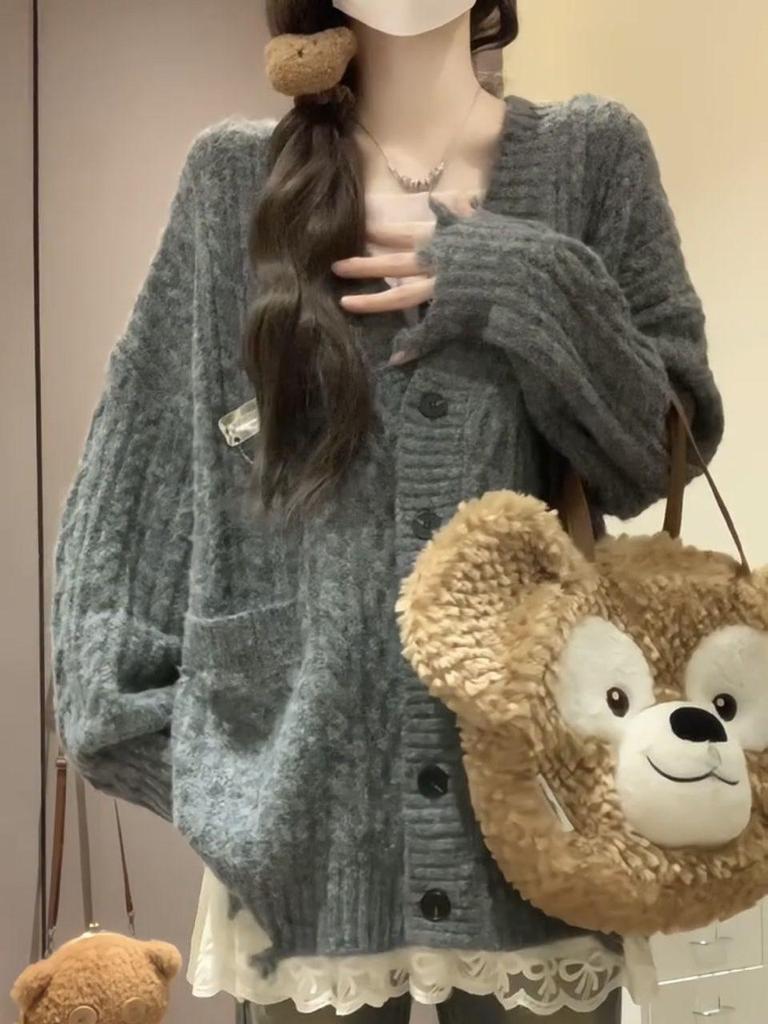 Dámský šedý retro volný pletený kardigan - Podzimní styl