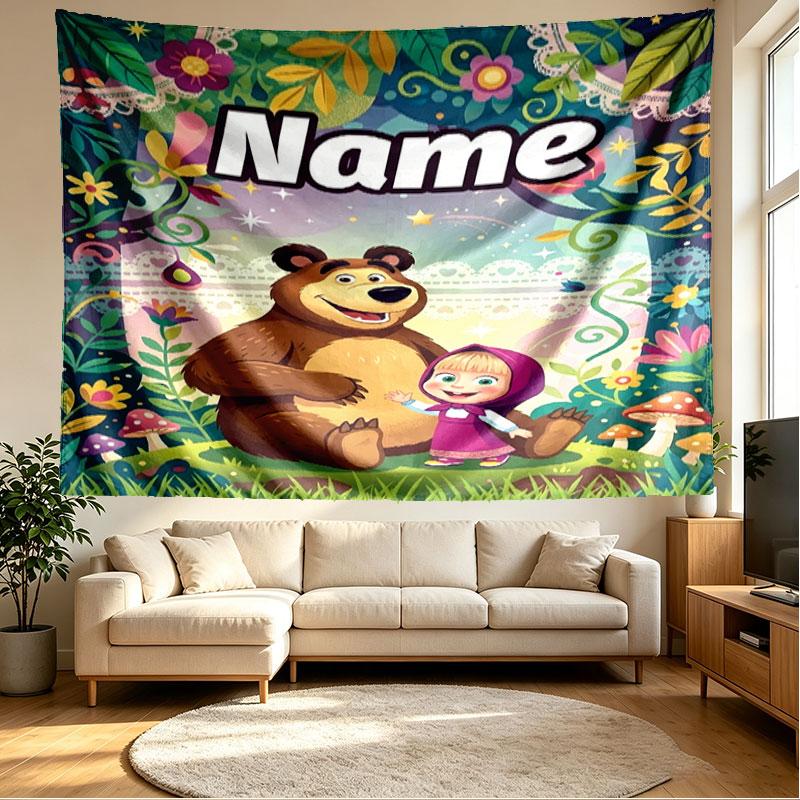 Custom Name Personalized Masha and the Bear Print Tapestry, Wall Art Decor, Bedroom, Dorm, Apartment, LivingRoom, Party Backdrop, Gift for Birthday