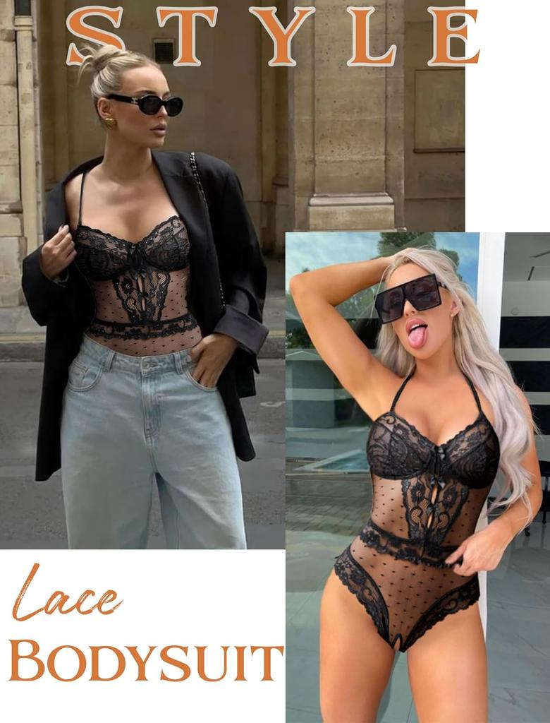 Avidlove Women Sexy Lingerie Sheer Lace Bodysuit V Neck Teddy Lingerie One Piece Mini Babydoll