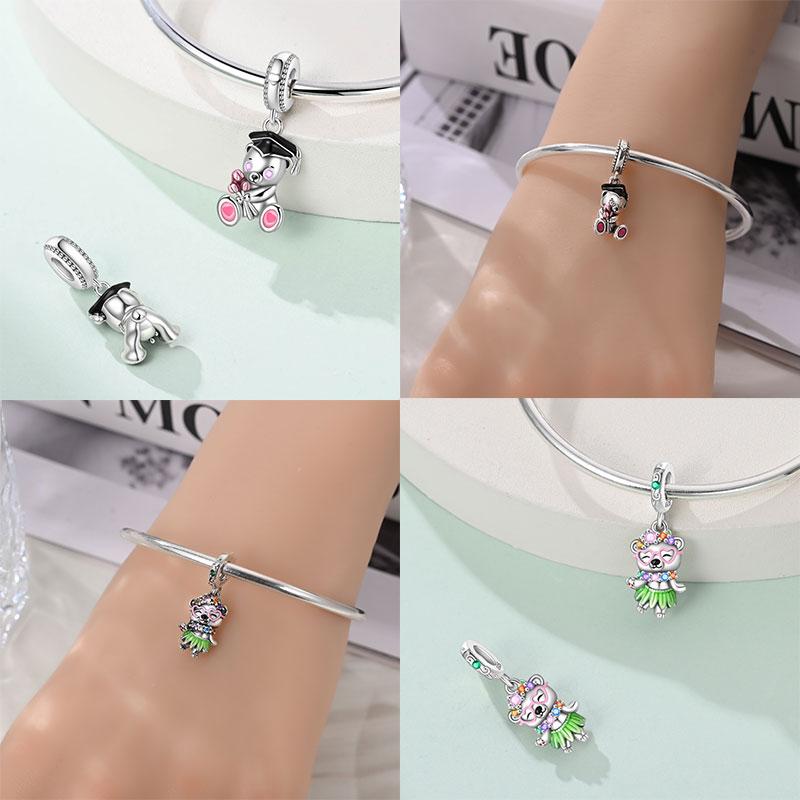 Copper Bear Series Charms Pink Heart Flowers Cat Bead Fit Original Bracelets Diy Jewelry Fine Gift For Women Daily Matching