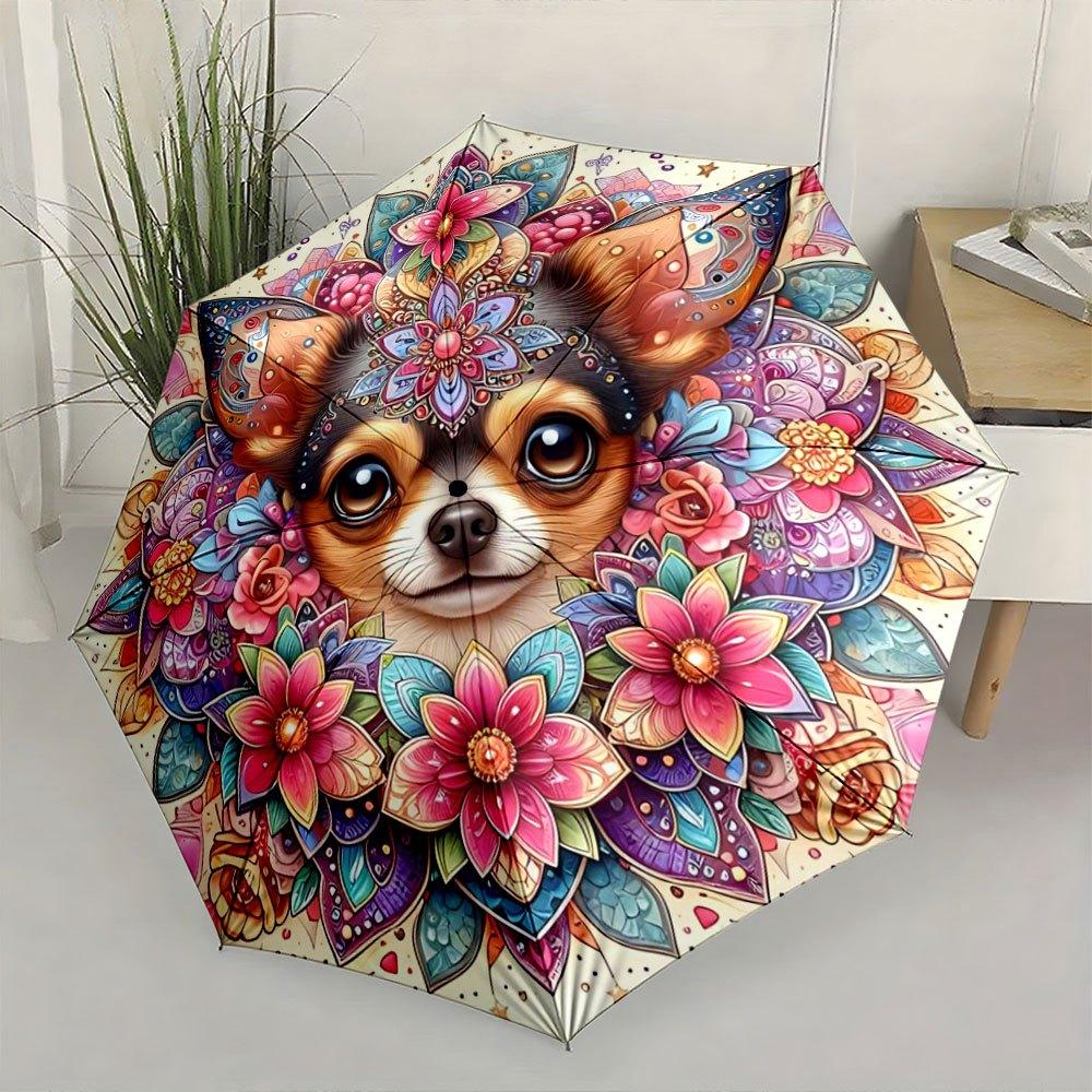 Folding Umbrella Chihuahua Surrounded by Vibrant Floral Mandala Creative Portable Folding Umbrella Christmas and Other Holiday