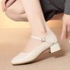Fashion Soft Leather Work Shoes Women Black Soft Sole Comfortable Working Thick Heel Single Shoes Women's Head One-Button Leather Shoes
