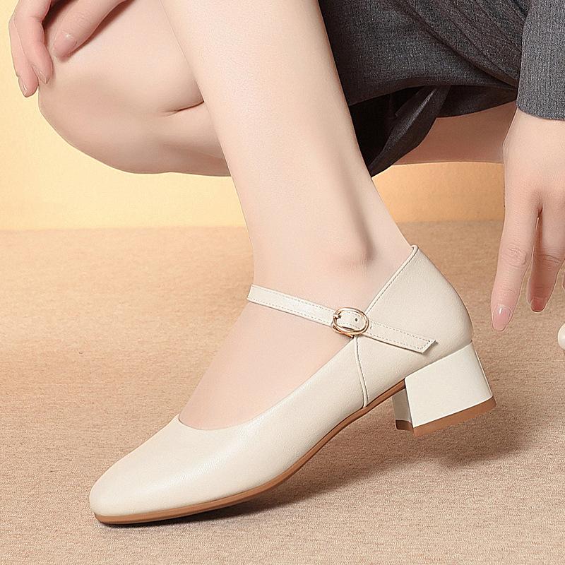 Fashion Soft Leather Work Shoes Women Black Soft Sole Comfortable Working Thick Heel Single Shoes Women's Head One-Button Leather Shoes