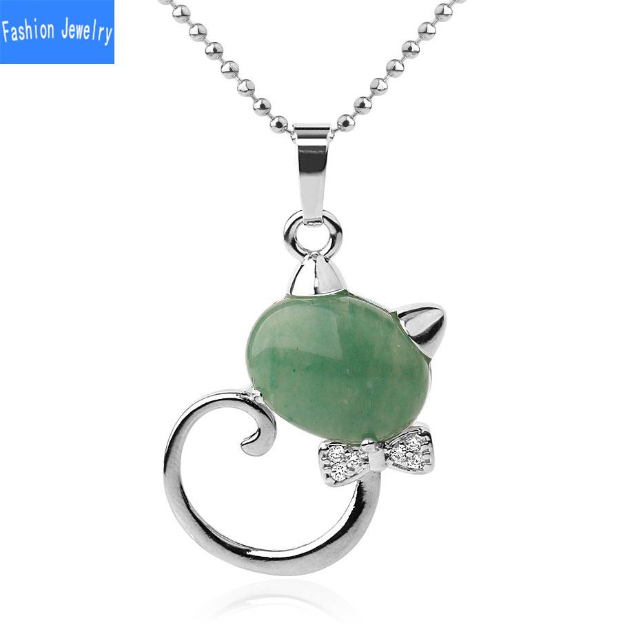 Natural Stone Cute Cat Pendant Multicolor Semi Gem Personalized Necklace