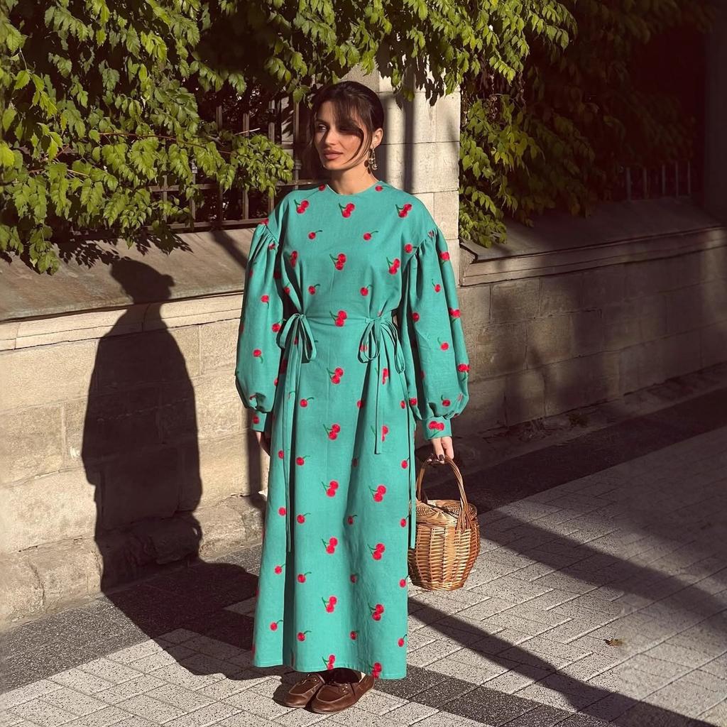 Women's spring European and American new fashion printed bubble sleeves slim lace-up retro dress