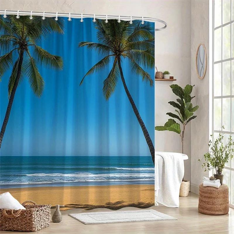 1pc Tropical Beach Scene Shower Curtain - Polyester, Machine Washable, 70.86x70.86in, 12 Hooks, Tranquil Palm Trees & Ocean View
