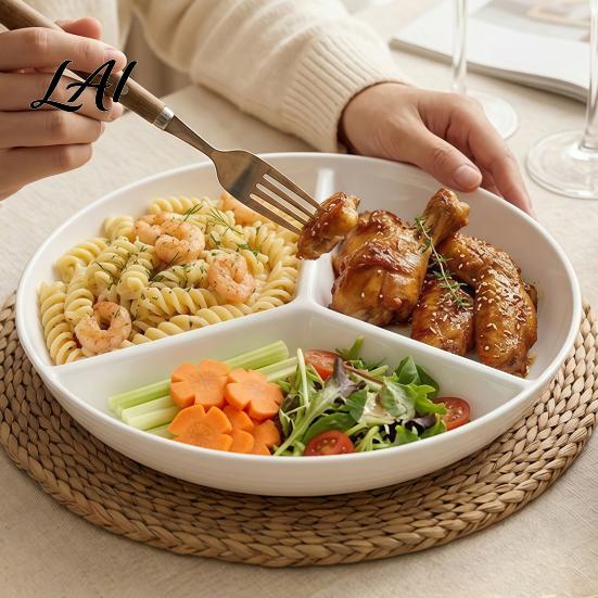 Dávkovací dieta Keramický parní talíř se 3 oddělenými přihrádkami Kulatý jídelní pro jídlo Rýže Maso Zelenina Oddělovač Hrnec Rodinné každodenní použití