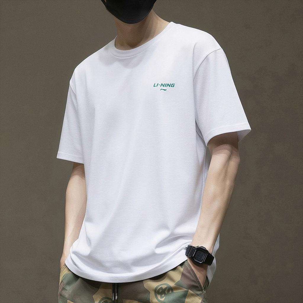 Li-Ning Versatile Loose Fit Cotton Skin-Friendly Comfortable Sports Short Sleeve T-Shirt Men Tops Standard-White AHSW879-2