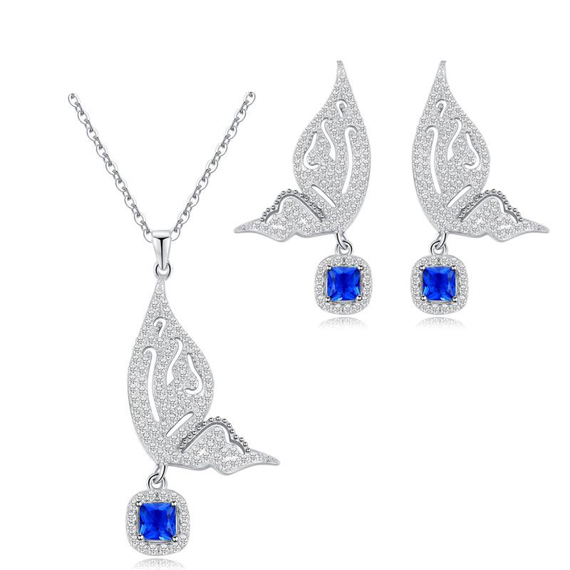Butterfly Zircon Set, Environmentally Friendly Copper Electroplated Platinum Pure Needle Earrings Necklace Two-Piece Chain.