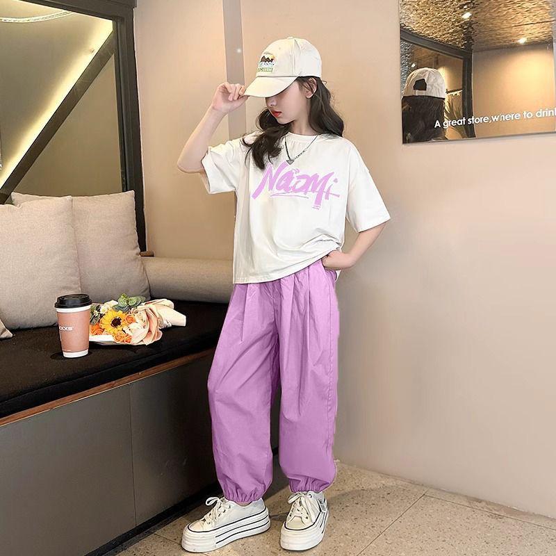 Spring Summer Girls' Set Clothes Girls Tracksuit Letter T Shirt Sport Ankle-tied Pants Kid Teenager