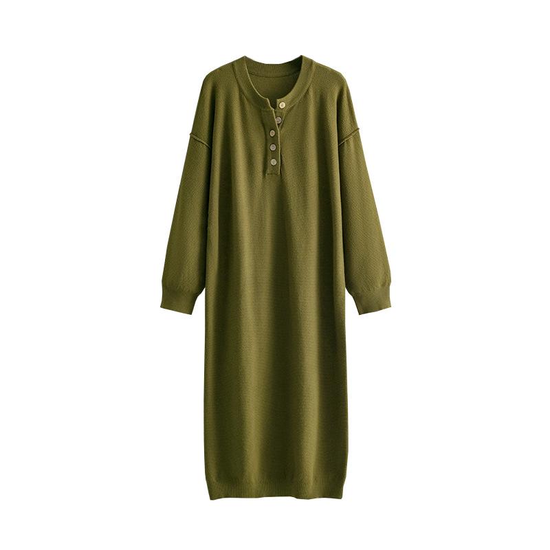 Women's Long Sleeve Button V Neck Oversized Dress Casual Loose Fit Waffle Knit Fall Midi Sweater Dress Trendy Outfits Solid Color Dress for Women