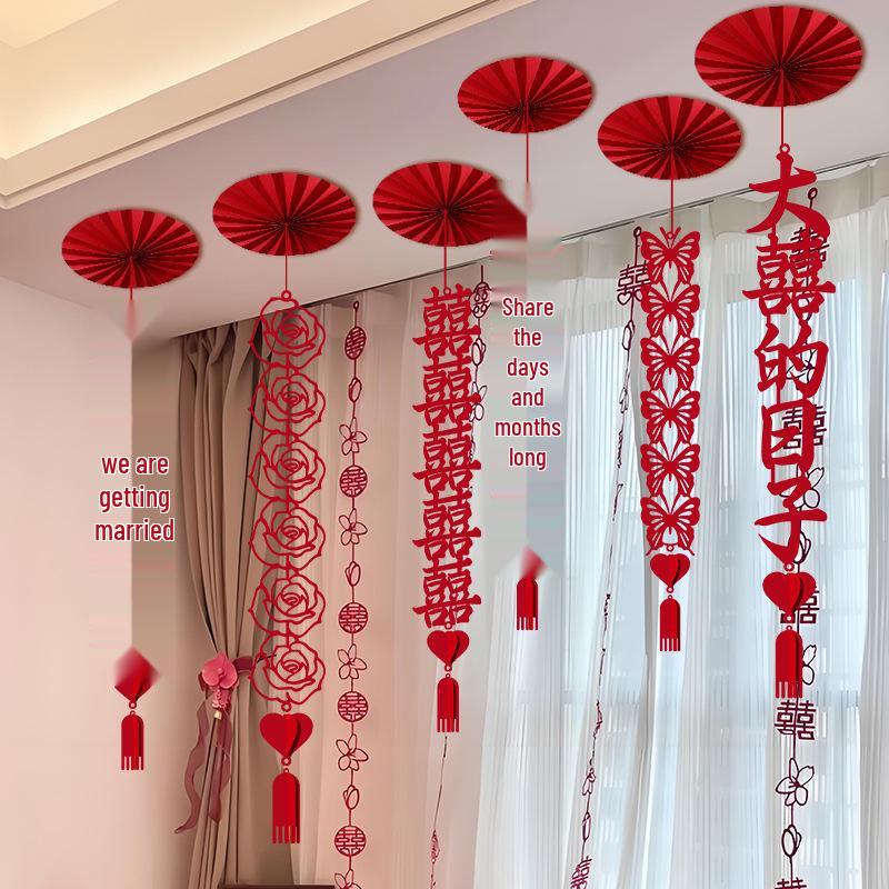 Wedding Décor: Double Happiness Paper Cut Ornaments for Ceiling and Walls, Festive Butterfly Pull Flowers for Bedrooms and Living Rooms