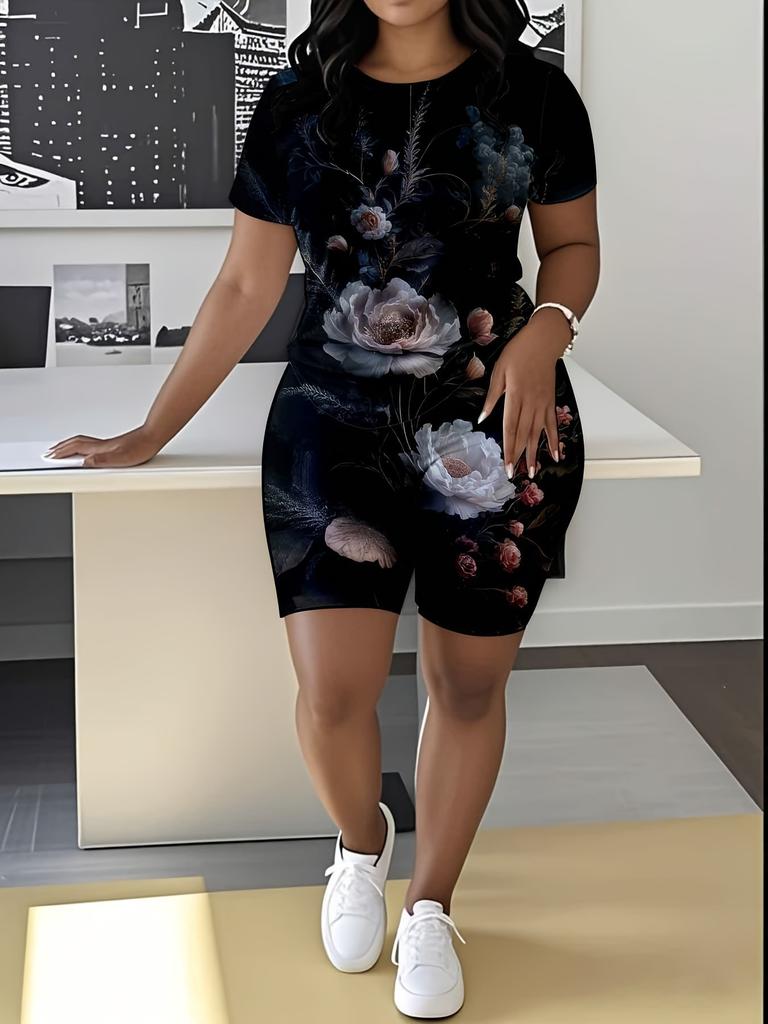 Sternenhimmel Damen Freizeitanzug Kurzarm-Shorts 1D Digitaler Blumendruck Mode T-Shirt Set