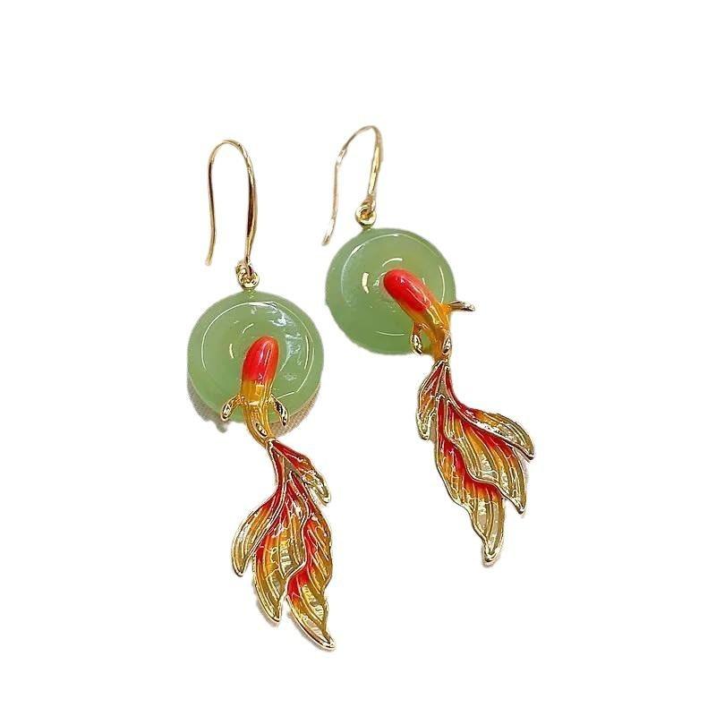 New Chinese style Ping An knot koi earrings, retro Chinese style temperament lucky fish tail long earrings