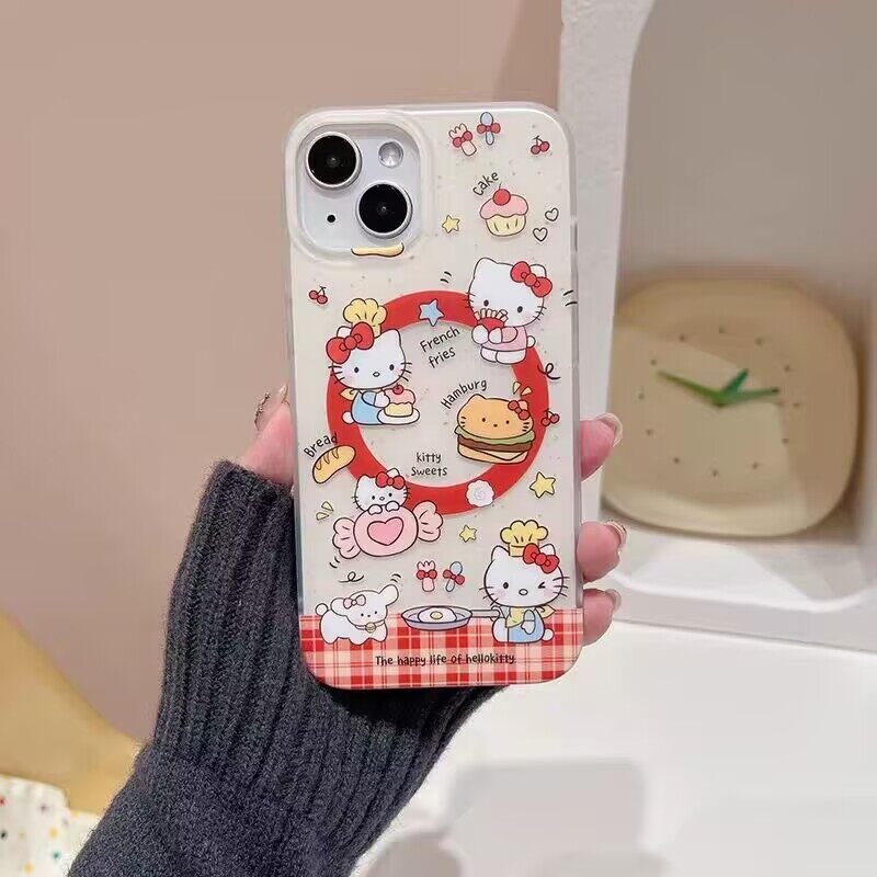 Magnetic Hello Kitty Bracket Phone Casing For Iphone 17 16 Pro Max 17 Air 15 14 12 13 11 Pro Max 16 12 13 Mini Plating Case