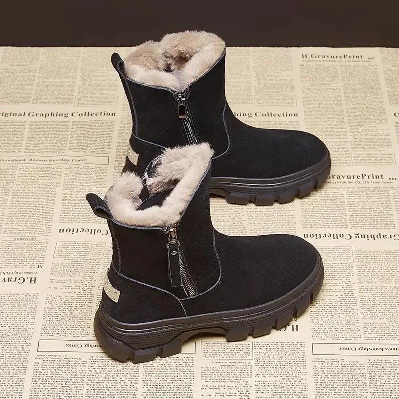 Women's Snow Boots Winter Solid Color Plush Female Snow Boots Zipper Thick Bottom Anti Slip Warm Cold Proof Cotton Shoes
