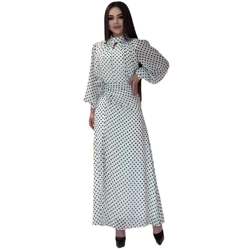 2024 Autumn Women's Polka Dot Print Elegant Round Neck Dress