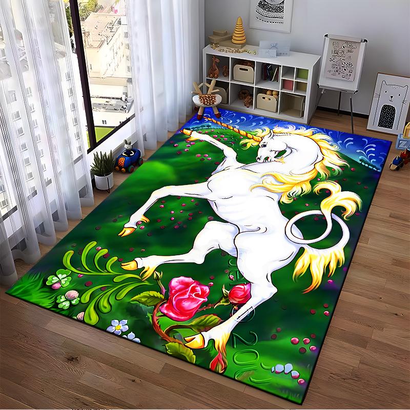 Graceful White Unicorn On Green Floral Background Fantasy Carpet Suitable for Use As an Anti-slip for Living Room Bedroom Sofas