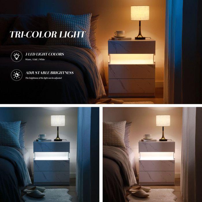 Table De Nuit LED - MUVOE - 3 Tiroirs - Panneau Acrylique - Éclairage Multicolore - Design Contemporain