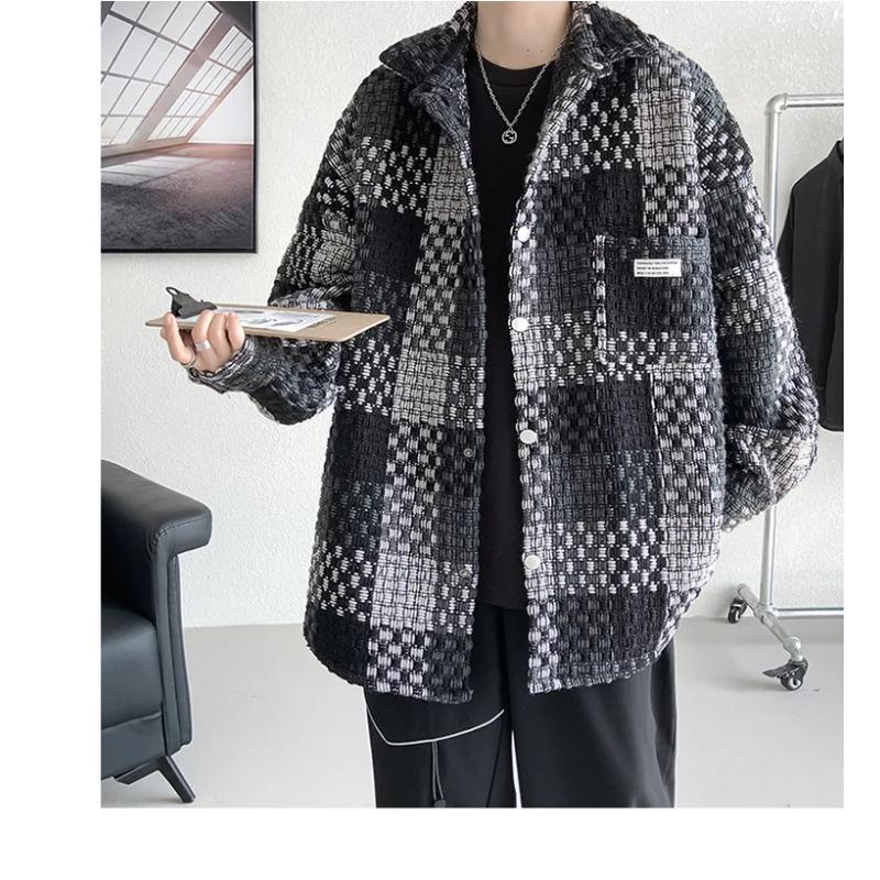 Fashion Loose Spell Color Grid Single Breasted Lapel Jacket Men's Spring Autumn Casual Jacket Pockets