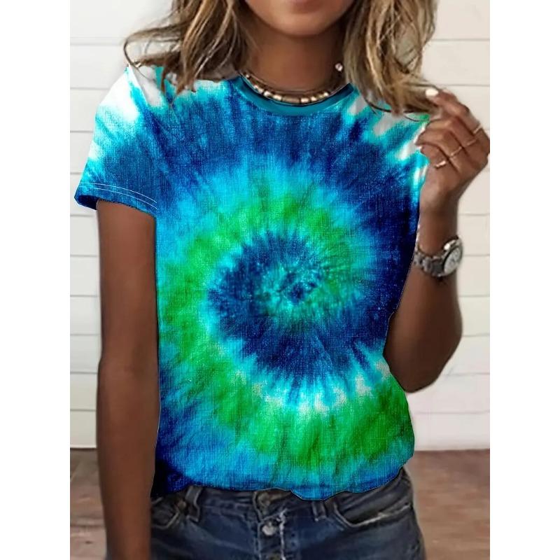 Women's Tie-Dye Round Neck T-Shirt Casual Short-Sleeved Blouse Fashion Casual Street Summer Oversized Women's Clothing