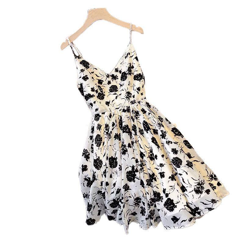 Temperament floral suspender dress women's summer large size waist thin foreign versatile thin word skirt