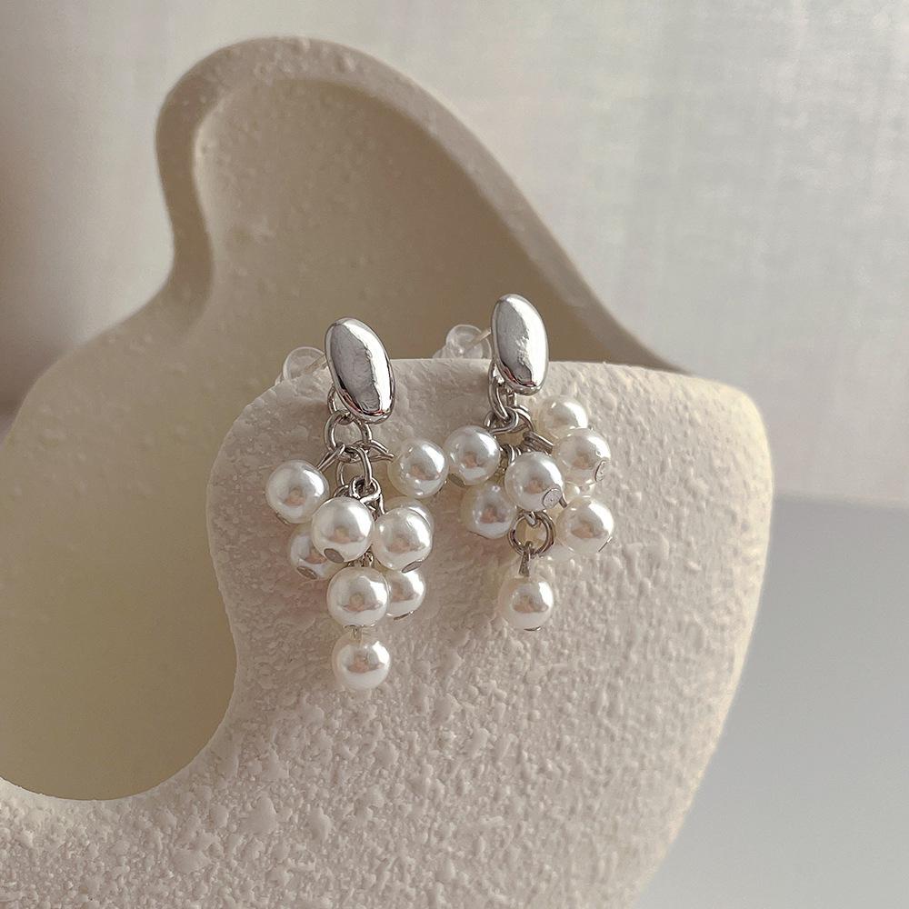 Korea-Inspired Grape Cluster Pearl Tassel Earrings with S925 Silver for Women