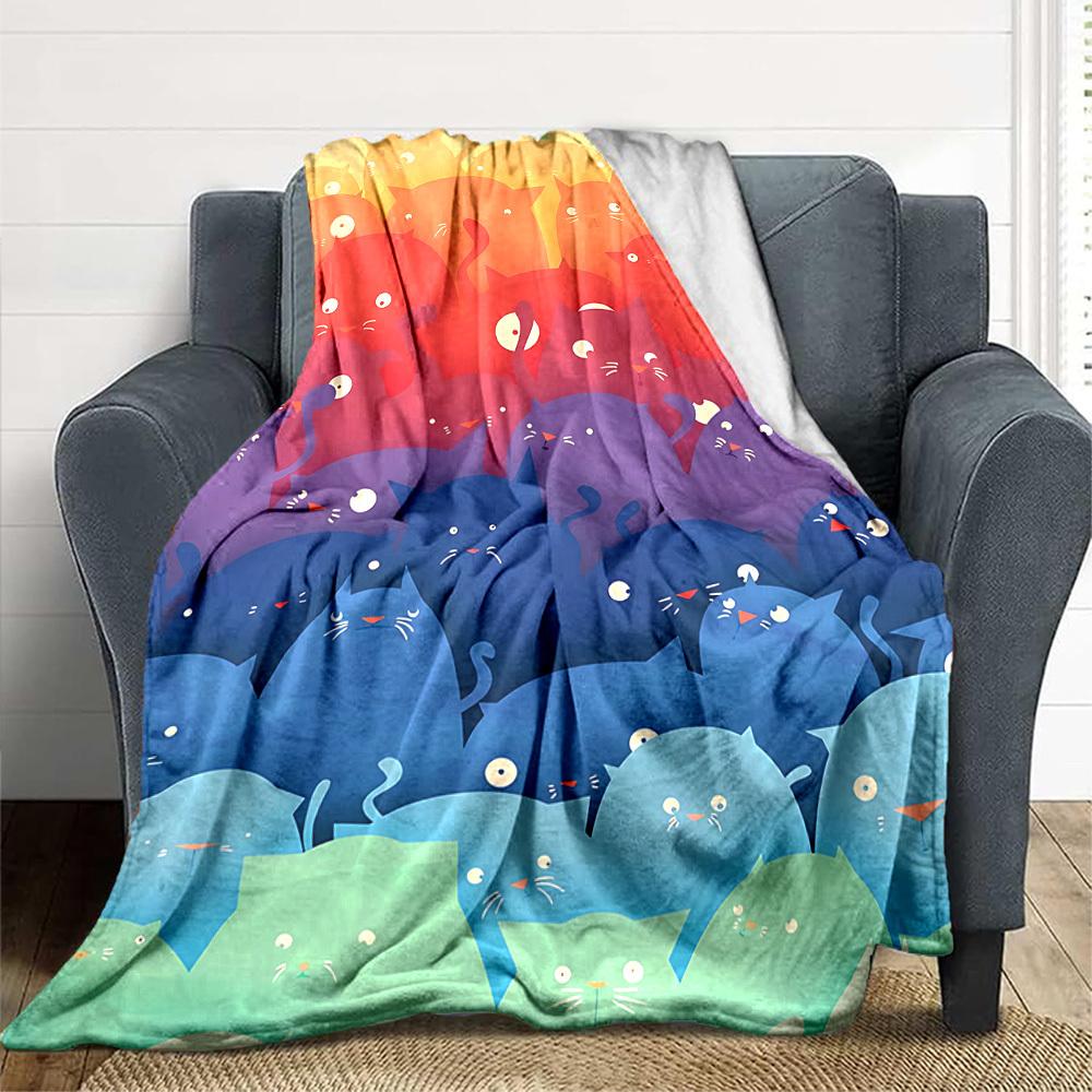 1pc Cat Rainbow Lightweight Flannel Blanket, Comfortable and Warm Blanket, for Office and Camping Sofa Bed, Livingroom129