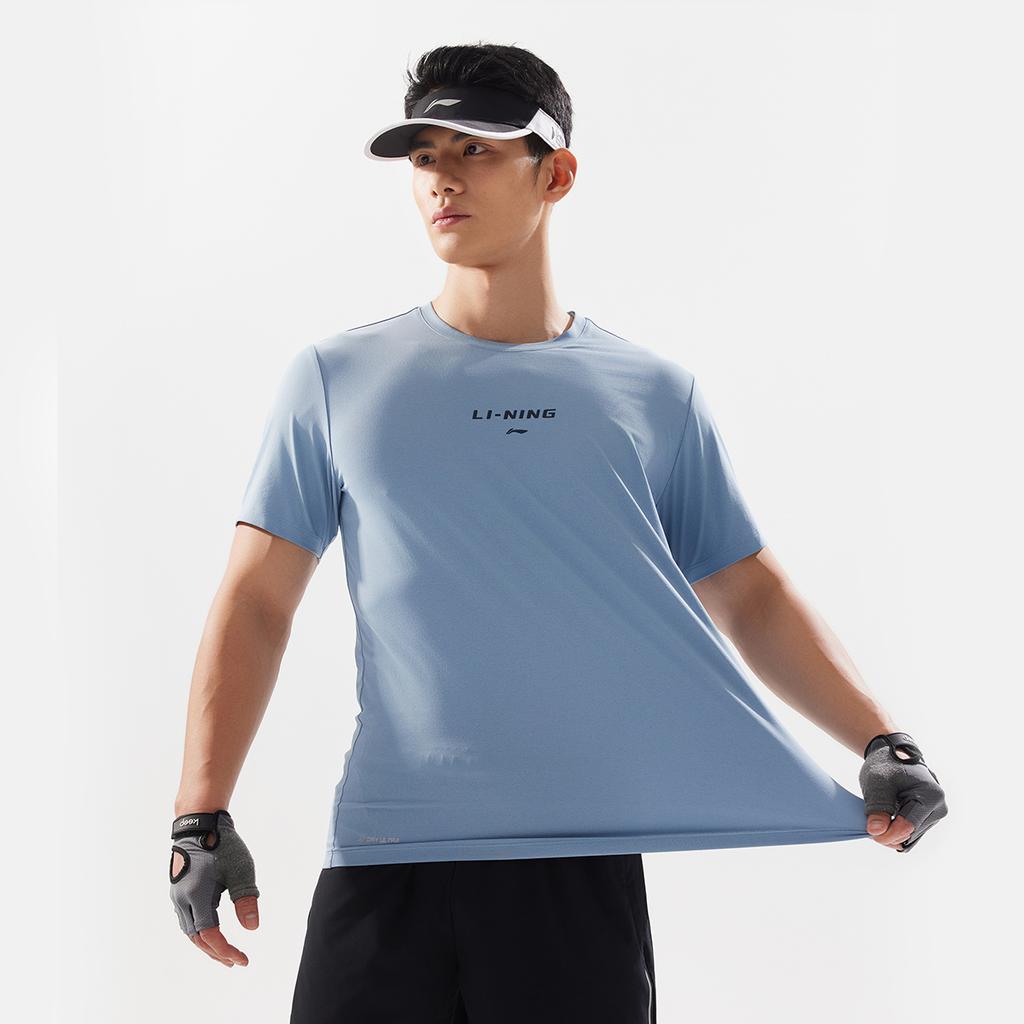 Li-Ning Série Fitness Cor Sólida Simples Gola Redonda Pulôver Manga Curta Camiseta Masculina Tops Azul-Ciano-Cinza ATSV115-3