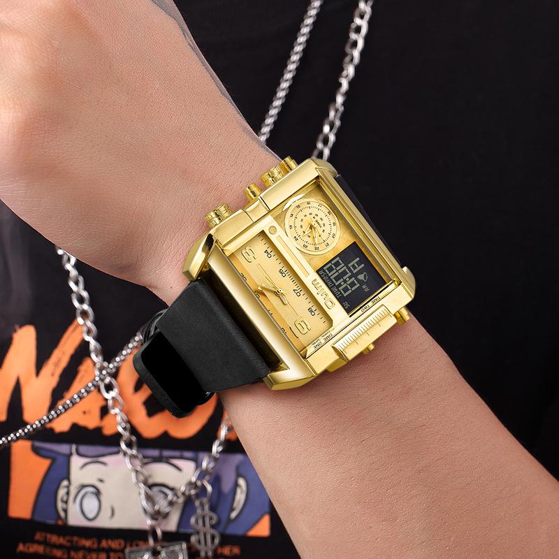 Oulm Men's Square Dial Waterproof Sport Watch with Multifunctional Features and Gold Leather Strap