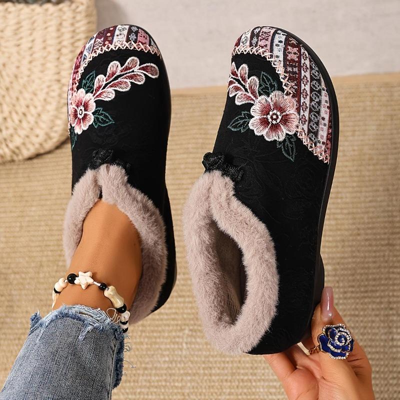 Womens Slip on Winter Shoes Thickened Warm Lined Cushioned Sole Floral Pattern Low Heel Round Toe Ankle Boots with Plush Lining