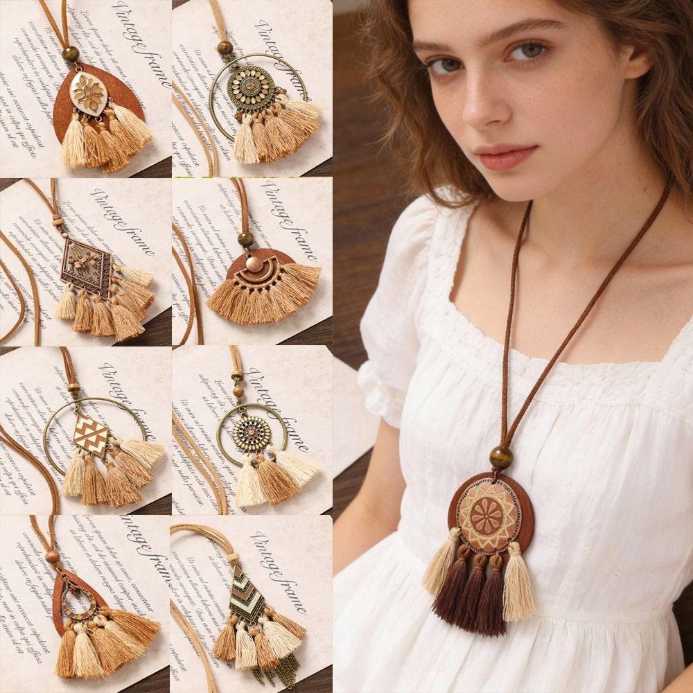 Elegant Boho Long Neckalce Trendy Tribal Necklace Retro Brown Pendent Necklaces Jewelry
