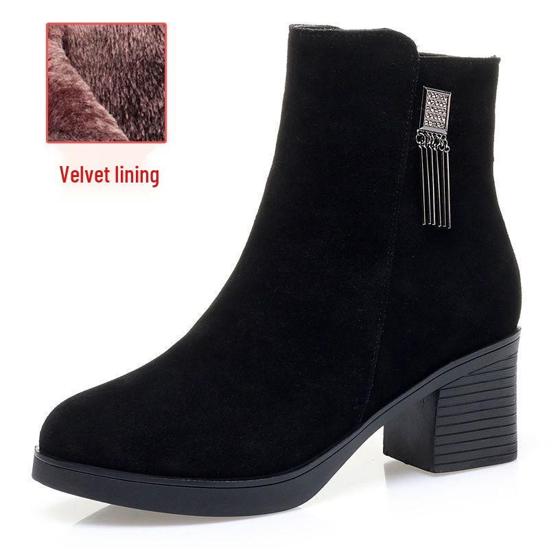 

Genuine Leather Ankle Boots: Suede Cowhide, Warm Velvet, Women s Round Toe, Mid Heel, Non-slip, Soft Sole, Spring and Autumn. Size 35